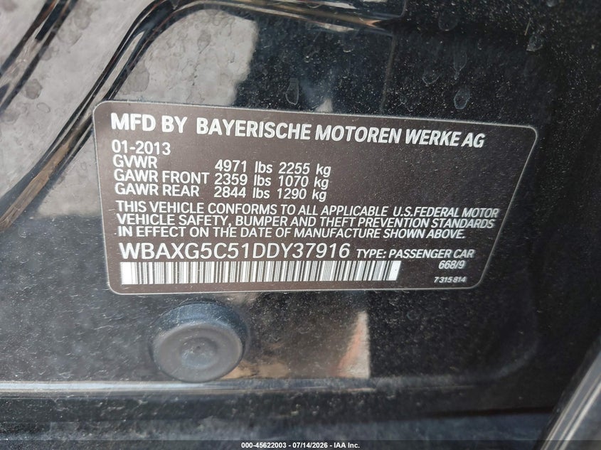 2013 BMW 5er VIN WBAXG5C51DDY37916 IAAI salvage auction — NORMAL WEAR, Clear (New York), sold $25 on 2026-07-28 (photo 9)