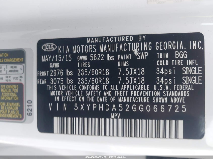 2016 Kia Sorento VIN 5XYPHDA52GG066725 IAAI salvage auction — NORMAL WEAR, Clear (Georgia), sold $2,200 on 2026-07-28 (photo 9)