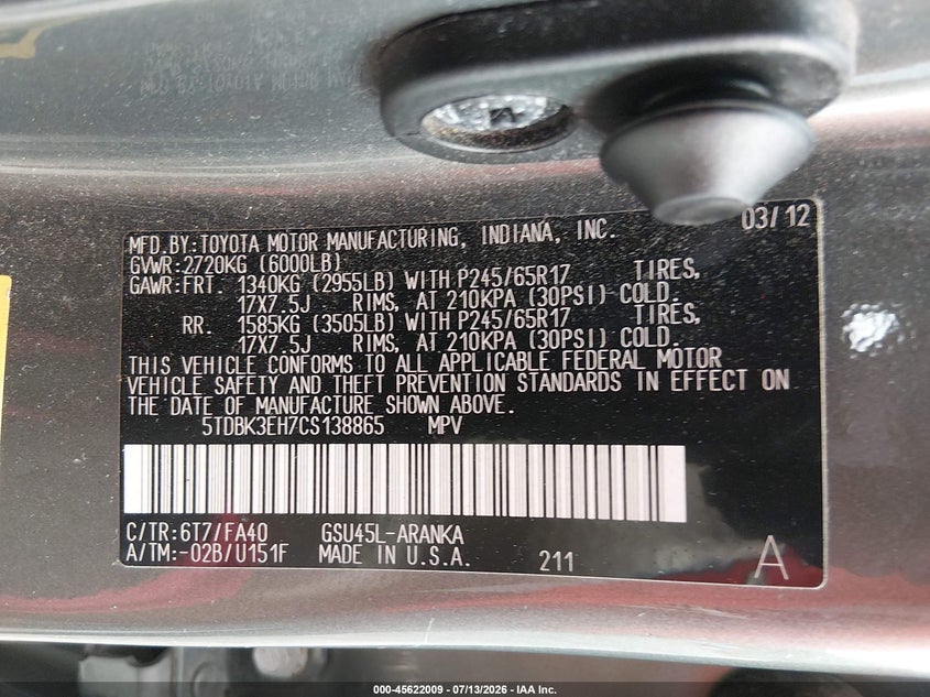 2012 Toyota Highlander VIN 5TDBK3EH7CS138865 IAAI salvage auction — NORMAL WEAR, Salvage Title, sold $1,700 on 2026-07-23 (photo 9)