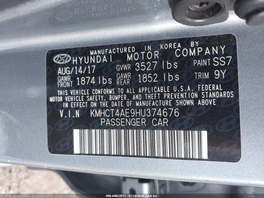 2017 Hyundai Accent VIN KMHCT4AE9HU374676 IAAI salvage auction — SIDE, Salvage Title, sold $550 on 2026-07-31 (photo 9)