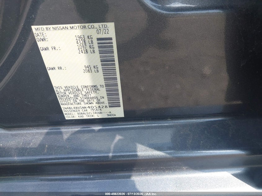 2022 Nissan Altima VIN 1N4BL4BV1NN405428 IAAI salvage auction — ALL OVER, Salvage Title, sold $7,100 on 2026-07-28 (photo 9)