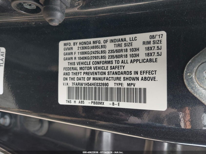 2017 Honda Cr-v VIN 7FARW1H54HE032690 IAAI salvage auction — MECHANICAL, Salvage (Pennsylvania), sold $4,950 on 2026-07-31 (photo 9)