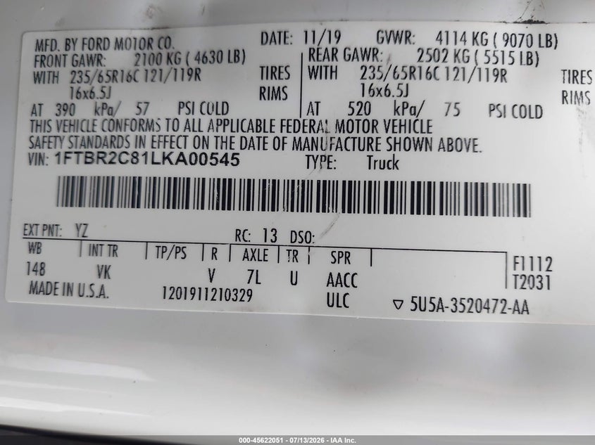 2020 Ford Transit-250 VIN 1FTBR2C81LKA00545 IAAI salvage auction — REPOSSESSION, Clear (Pennsylvania), sold $12,000 on 2026-07-29 (photo 9)