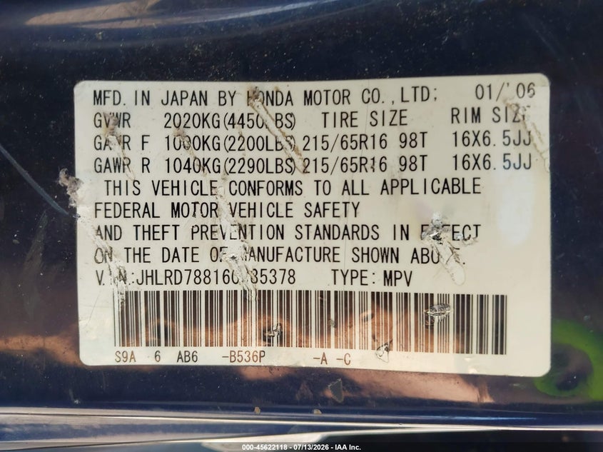 2006 Honda Cr-v VIN JHLRD78816C035378 IAAI salvage auction — NORMAL WEAR, Original (Ohio), sold $625 on 2026-07-30 (photo 9)