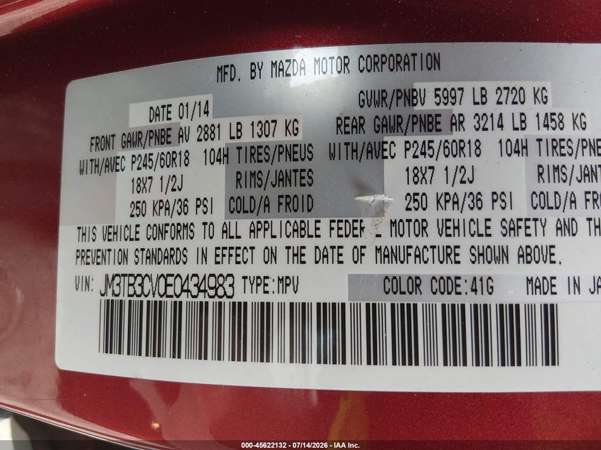 2014 Mazda Cx-9 VIN JM3TB3CV0E0434983 IAAI salvage auction — NORMAL WEAR, Clear (Georgia), sold $1,350 on 2026-07-30 (photo 9)