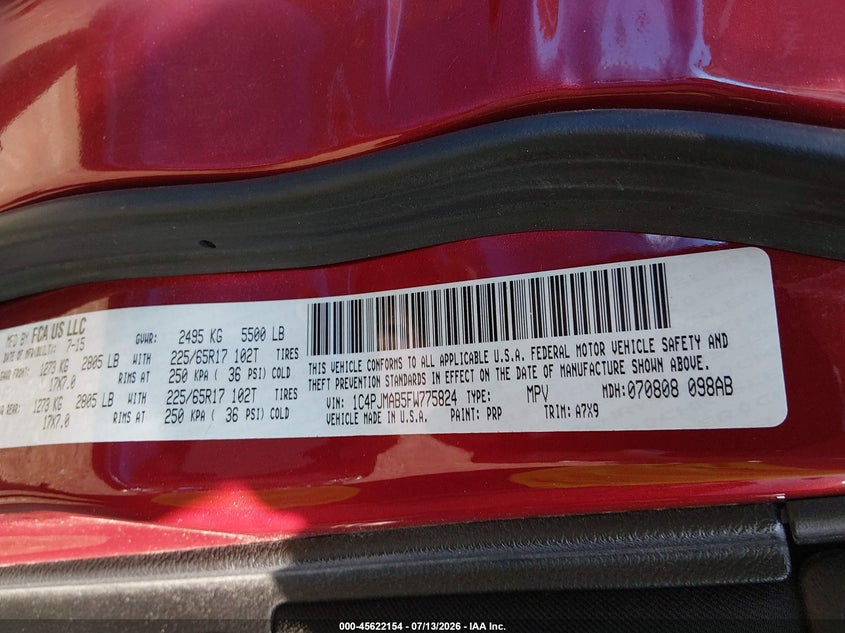 2015 Jeep Cherokee VIN 1C4PJMAB5FW775824 IAAI salvage auction — FRONT END, Salvage Title, sold $900 on 2026-07-25 (photo 9)