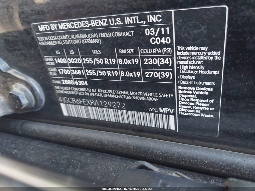 2011 Mercedes-benz R-class VIN 4JGCB6FEXBA129272 IAAI salvage auction — FRONT END, Salvage (North Carolina), sold $425 on 2026-08-03 (photo 9)