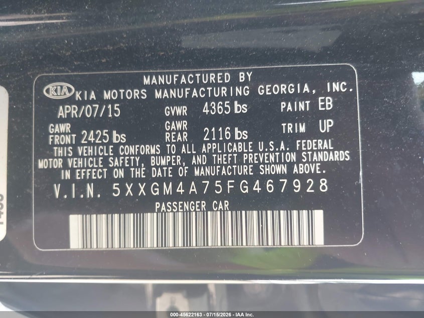 2015 Kia Optima VIN 5XXGM4A75FG467928 IAAI salvage auction — NORMAL WEAR, Clear (New Jersey), sold $525 on 2026-07-27 (photo 9)