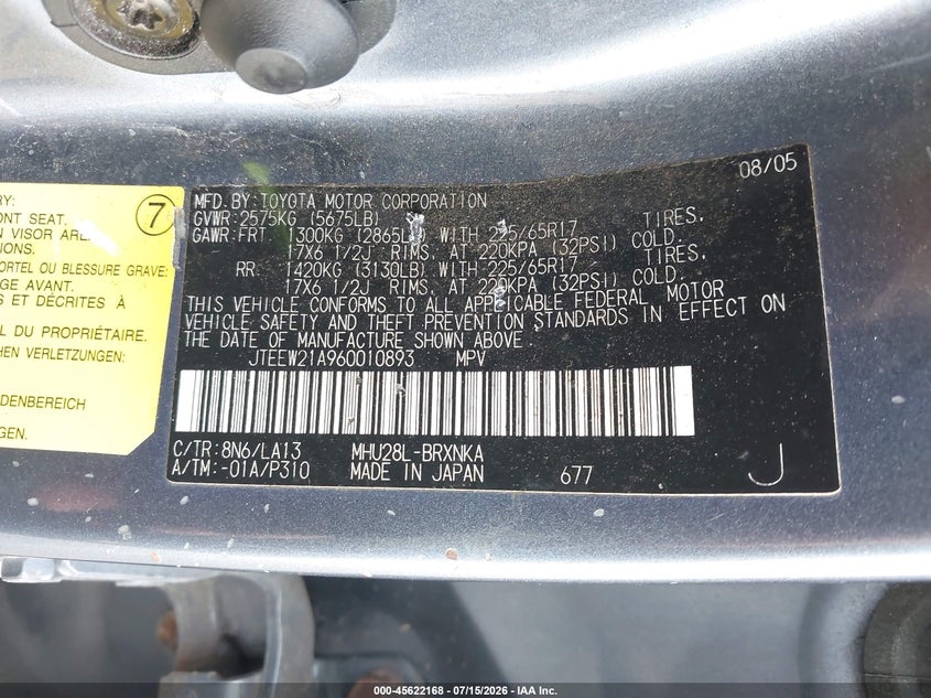 2006 Toyota Highlander hybrid VIN JTEEW21A960010893 IAAI salvage auction — REAR END, Rebuildable (Florida), sold $600 on 2026-07-29 (photo 9)