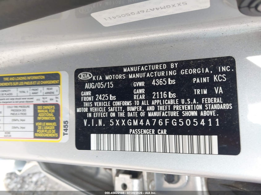 2015 Kia Optima VIN 5XXGM4A76FG505411 IAAI salvage auction — FRONT END, Salvage (Idaho), sold $675 on 2026-08-01 (photo 9)