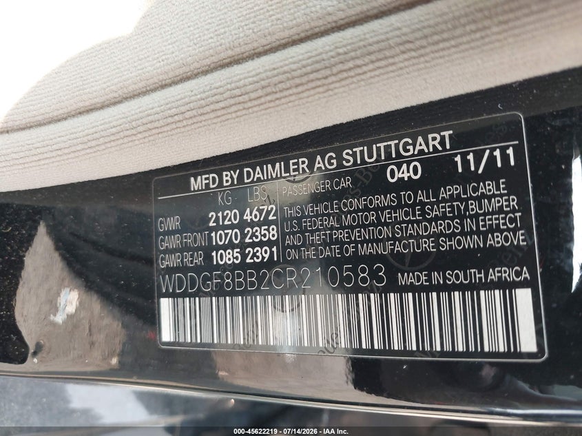 2012 Mercedes-benz C class VIN WDDGF8BB2CR210583 IAAI salvage auction — NORMAL WEAR, Clear (New Jersey), sold $1,750 on 2026-07-27 (photo 9)
