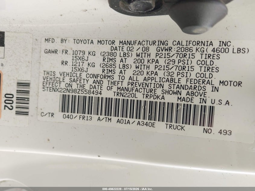 2008 Toyota Tacoma VIN 5TENX22N98Z558494 IAAI salvage auction — NORMAL WEAR, Clear (Massachusetts), sold $875 on 2026-07-24 (photo 9)