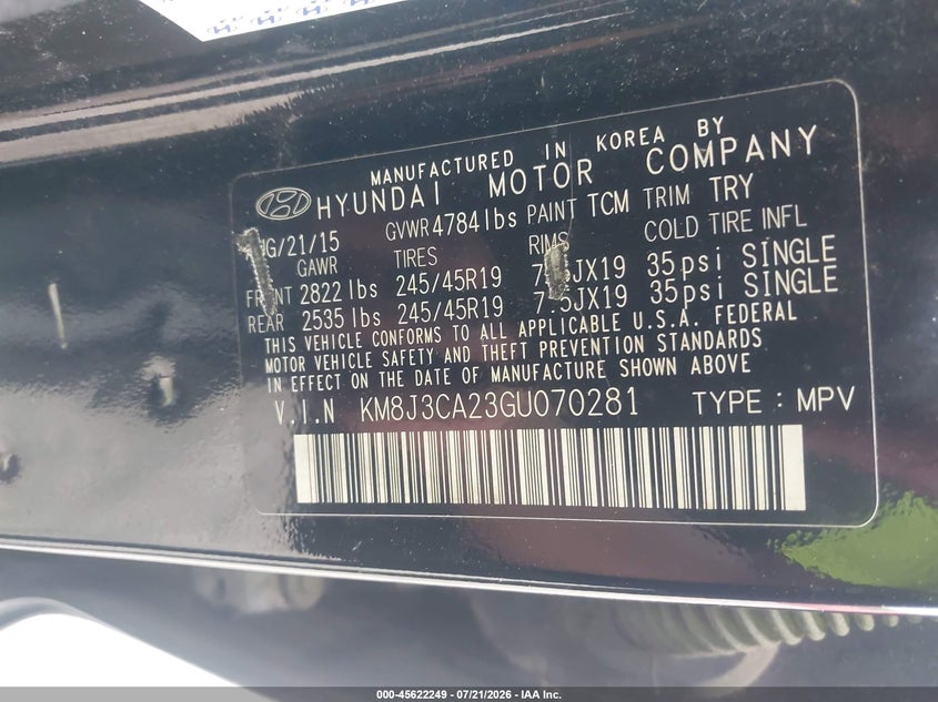 2016 Hyundai Tucson VIN KM8J3CA23GU070281 IAAI salvage auction — SIDE, Clear (New York), sold $2,050 on 2026-07-30 (photo 9)