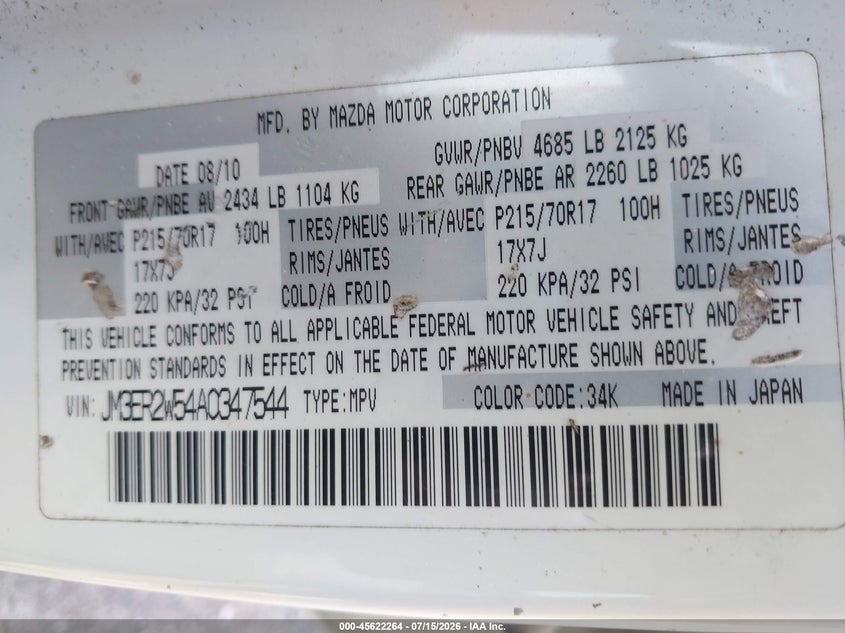 2010 Mazda Cx-7 VIN JM3ER2W54A0347544 IAAI salvage auction — NORMAL WEAR, Clear (Florida), sold $375 on 2026-07-29 (photo 9)
