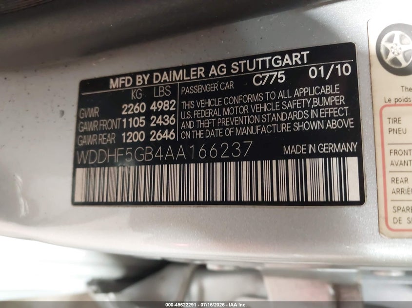 2010 Mercedes-benz E-class VIN WDDHF5GB4AA166237 IAAI salvage auction — SIDE, Salvage (North Carolina), sold $1,100 on 2026-08-09 (photo 9)