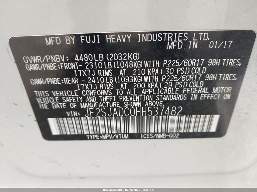 2017 Subaru Forester VIN JF2SJADC0HH537482 IAAI salvage auction — NORMAL WEAR, Clear (Mississippi), sold $1,350 on 2026-07-30 (photo 9)