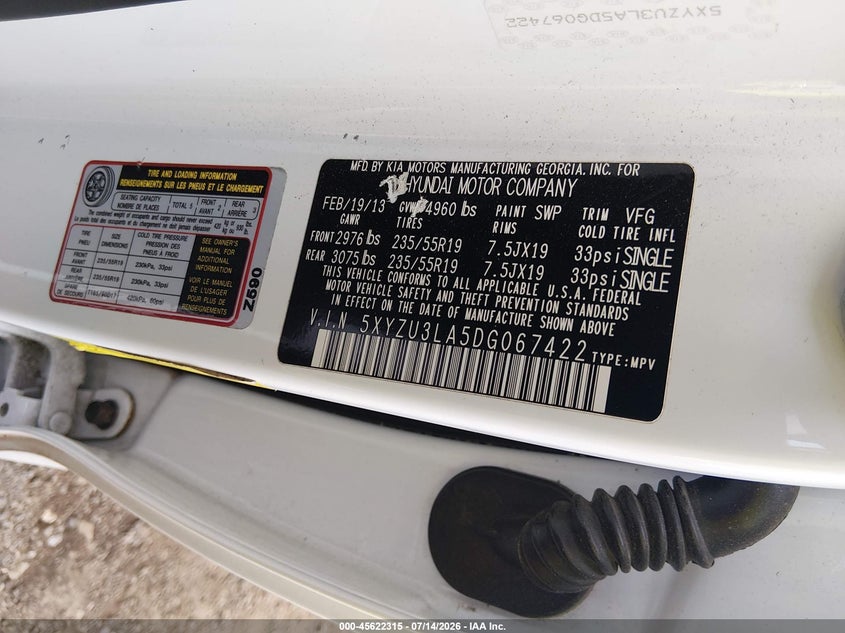2013 Hyundai Santa fe VIN 5XYZU3LA5DG067422 IAAI salvage auction — NORMAL WEAR, Salvage Title, sold $875 on 2026-07-21 (photo 9)