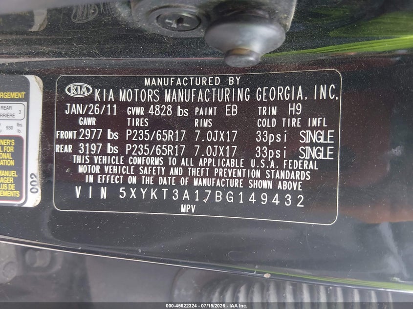 2011 Kia Sorento VIN 5XYKT3A17BG149432 IAAI salvage auction — NORMAL WEAR, Clear (Tennessee), sold $500 on 2026-07-29 (photo 9)