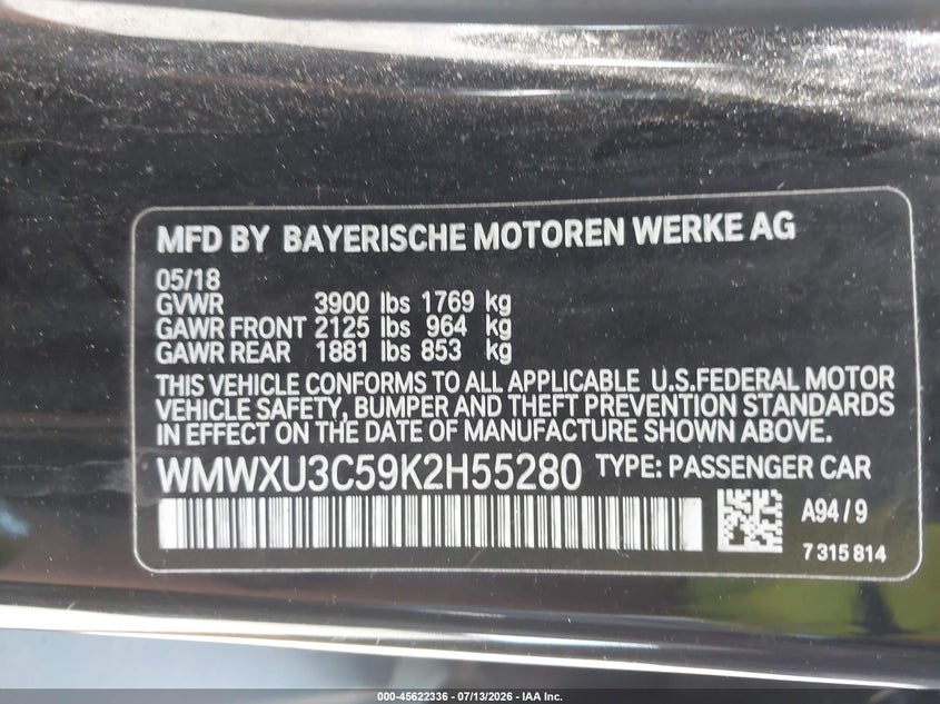 2019 Mini Hard top VIN WMWXU3C59K2H55280 IAAI salvage auction — NORMAL WEAR, Salvage Title, sold $25 on 2026-07-29 (photo 9)