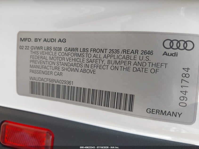2022 Audi A5 VIN WAUDACF58NA029361 IAAI salvage auction — FRONT END, Salvage Title, sold $10,500 on 2026-08-27 (photo 9)