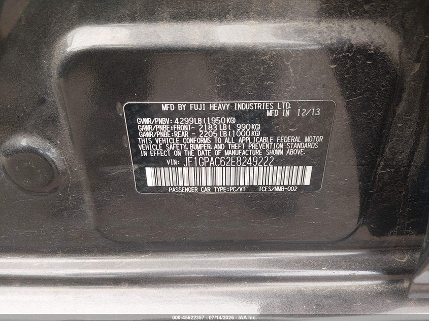 2014 Subaru Impreza VIN JF1GPAC62E8249222 IAAI salvage auction — SIDE, Clear (Massachusetts), sold $600 on 2026-07-18 (photo 9)