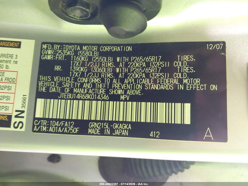 2008 Toyota 4runner VIN JTEBU14R68K014346 IAAI salvage auction — FRONT END, Clear (Georgia), sold $4,350 on 2026-07-17 (photo 9)