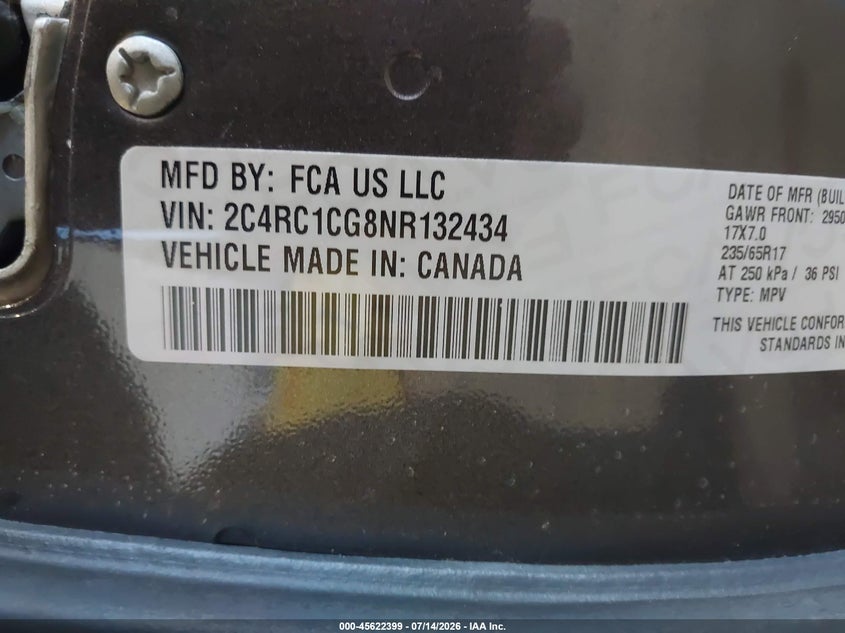 2022 Chrysler Voyager VIN 2C4RC1CG8NR132434 IAAI salvage auction — NORMAL WEAR, Sf97 (South Dakota), sold $13,550 on 2026-09-03 (photo 9)
