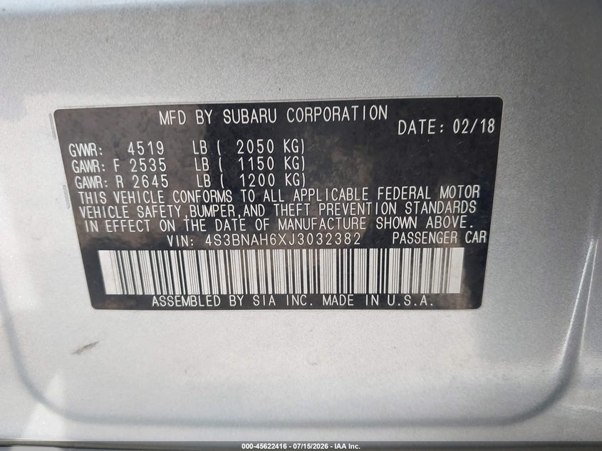 2018 Subaru LEGACY VIN 4S3BNAH6XJ3032382 IAAI salvage auction — WATER/FLOOD, Salvage (Pennsylvania), sold $3,100 on 2026-07-31 (photo 9)