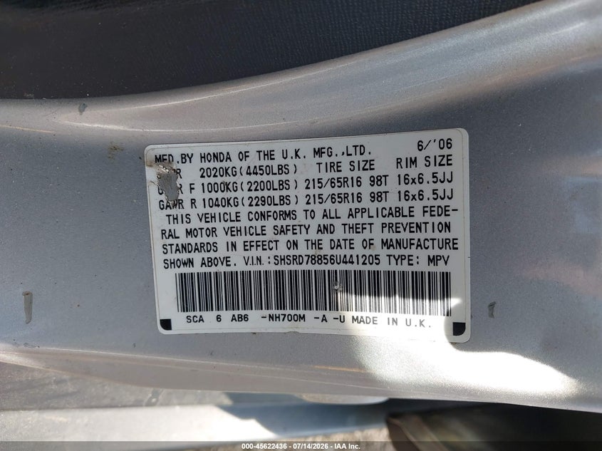 2006 Honda Cr-v VIN SHSRD78856U441205 IAAI salvage auction — NORMAL WEAR, Clear (New York), sold $275 on 2026-07-28 (photo 9)