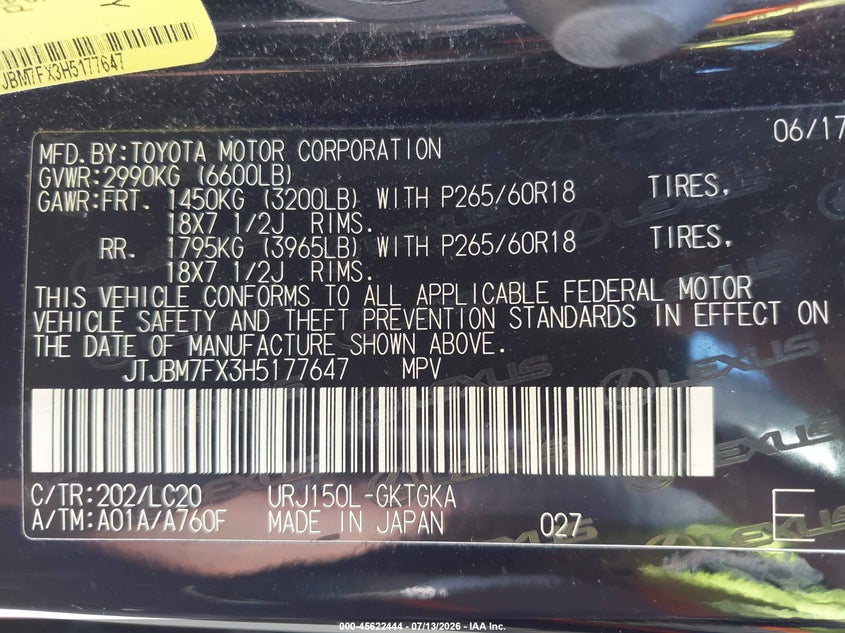 2017 Lexus Gx VIN JTJBM7FX3H5177647 IAAI salvage auction — FRONT END, Wait Title, sold $14,325 on 2026-08-25 (photo 9)