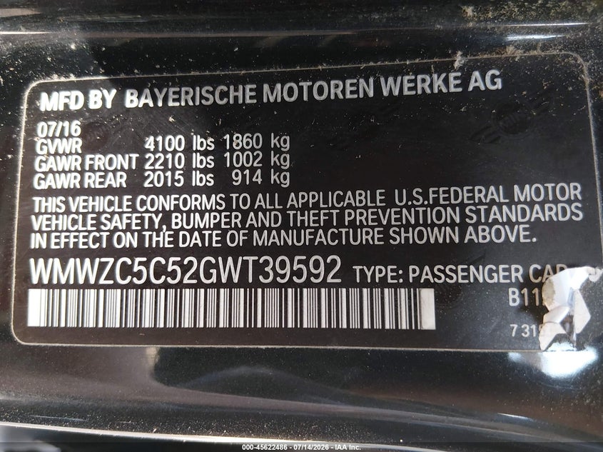 2016 Mini Countryman VIN WMWZC5C52GWT39592 IAAI salvage auction — NORMAL WEAR, Clear (Massachusetts), sold $225 on 2026-07-28 (photo 9)