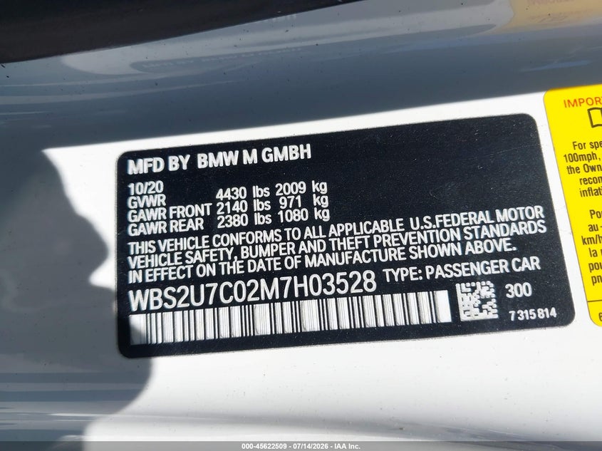 2021 BMW M2 VIN WBS2U7C02M7H03528 IAAI salvage auction — FRONT END, Salvage Title, sold $18,000 on 2026-08-17 (photo 9)