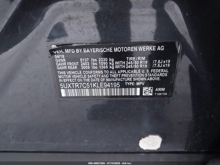 2019 BMW X3 VIN 5UXTR7C51KLE94195 IAAI salvage auction — NORMAL WEAR, Clear (Florida), sold $4,700 on 2026-07-29 (photo 9)