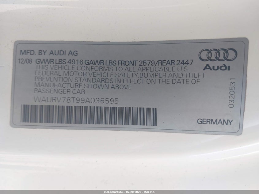 2009 Audi S5 VIN WAURV78T99A036595 IAAI salvage auction — NORMAL WEAR, Clear (Massachusetts), sold $500 on 2026-07-31 (photo 9)