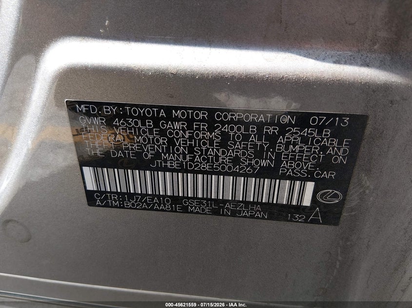 2014 Lexus Is VIN JTHBE1D28E5004267 IAAI salvage auction — FRONT END, Salvage (California), sold $2,800 on 2026-08-11 (photo 9)