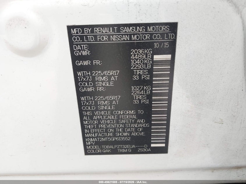 2016 Nissan Rogue VIN KNMAT2MT5GP613552 IAAI salvage auction — NORMAL WEAR, Clear (Georgia), sold $900 on 2026-07-31 (photo 9)