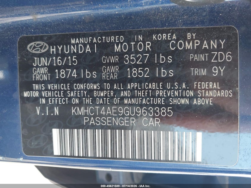 2016 Hyundai Accent VIN KMHCT4AE9GU963385 IAAI salvage auction — NORMAL WEAR, Clear (Montana), sold $25 on 2026-07-24 (photo 9)