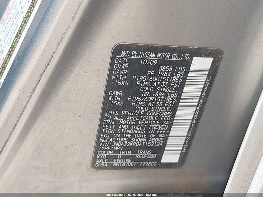 2010 Nissan Cube VIN JN8AZ2KR0AT152124 IAAI salvage auction — NORMAL WEAR, Clear (Oklahoma), sold $150 on 2026-07-22 (photo 9)