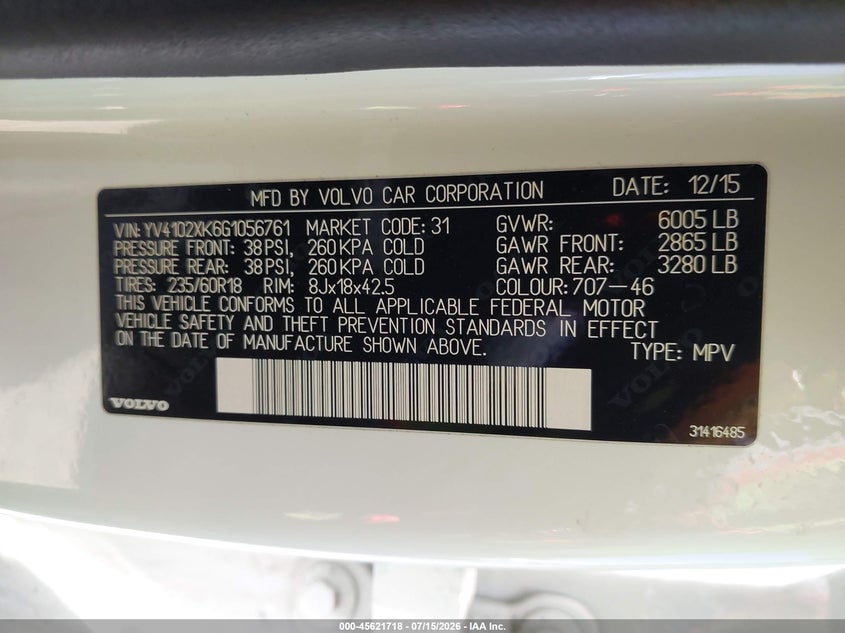 2016 Volvo Xc90 VIN YV4102XK6G1056761 IAAI salvage auction — NORMAL WEAR, Clear (Idaho), sold $525 on 2026-07-28 (photo 9)