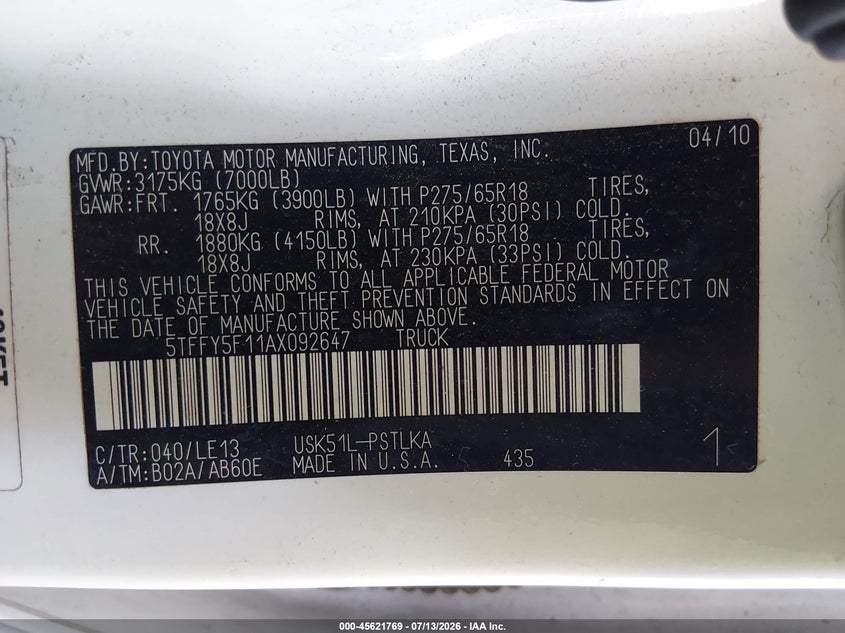 2010 Toyota Tundra VIN 5TFFY5F11AX092647 IAAI salvage auction — NORMAL WEAR, Clear (Arizona), sold $1,150 on 2026-07-28 (photo 9)