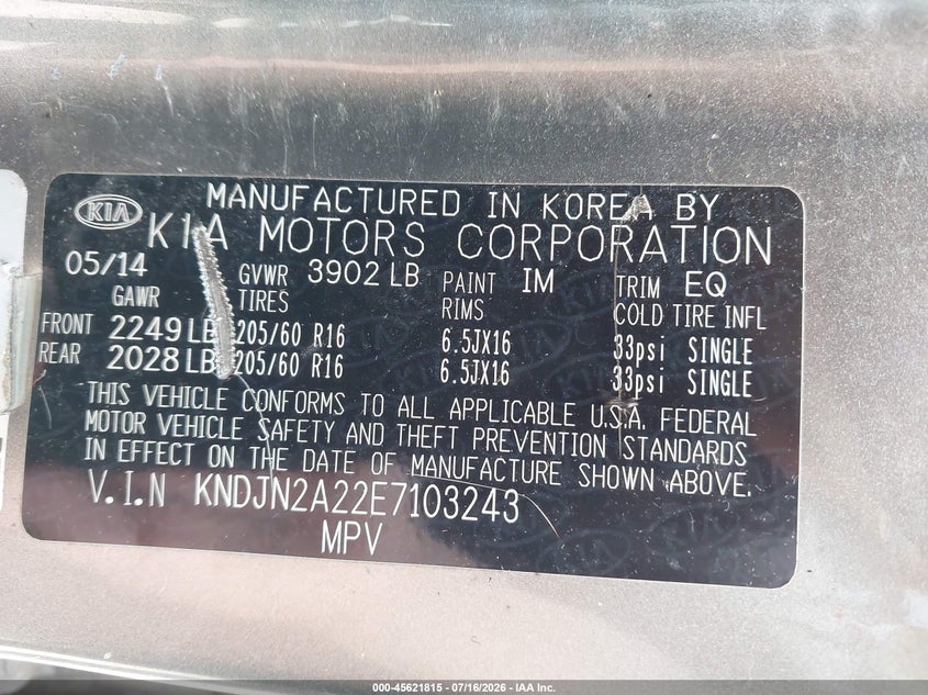 2014 Kia Soul VIN KNDJN2A22E7103243 IAAI salvage auction — NORMAL WEAR, Clear (Illinois), sold $25 on 2026-07-29 (photo 9)