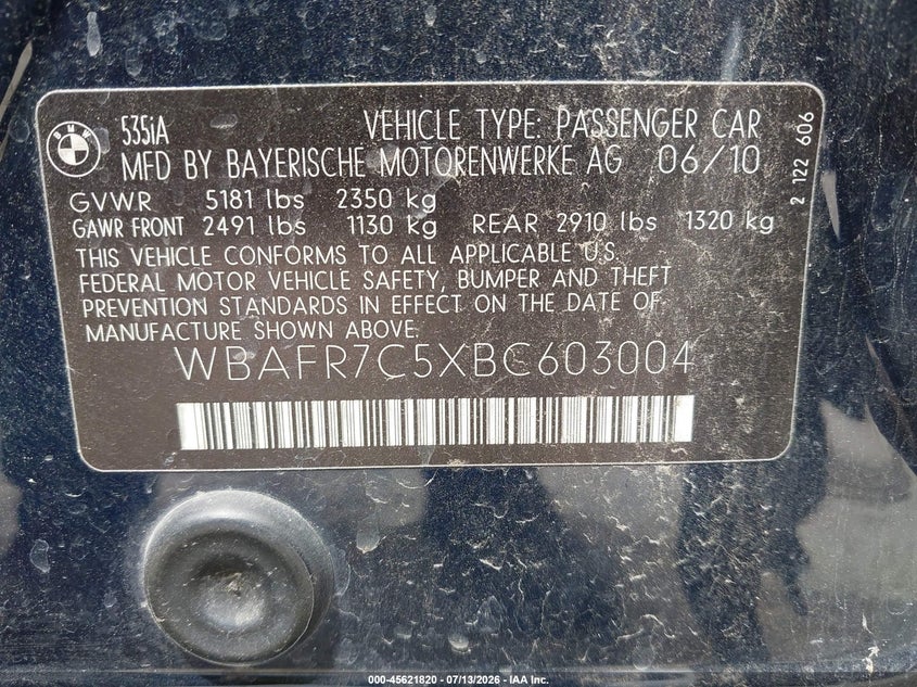 2011 BMW 5 series VIN WBAFR7C5XBC603004 IAAI salvage auction — NORMAL WEAR, Original (Texas), sold $600 on 2026-08-03 (photo 9)