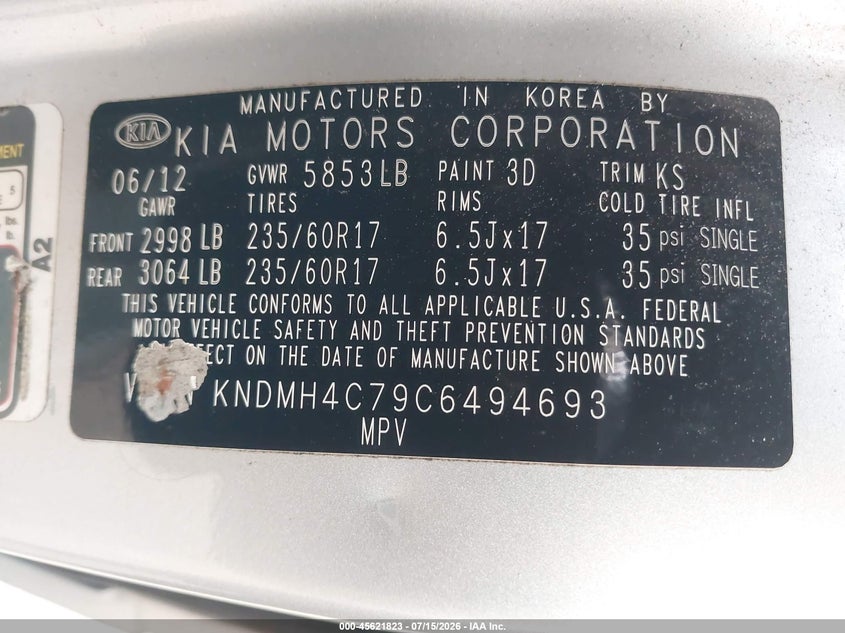 2012 Kia SEDONA VIN KNDMH4C79C6494693 IAAI salvage auction — SIDE, Clear (Massachusetts), sold $400 on 2026-07-24 (photo 9)