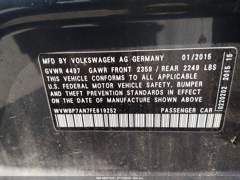 2015 Volkswagen Passat cc VIN WVWBP7AN7FE819252 IAAI salvage auction — NORMAL WEAR, Clear (Maryland), sold $525 on 2026-07-23 (photo 9)