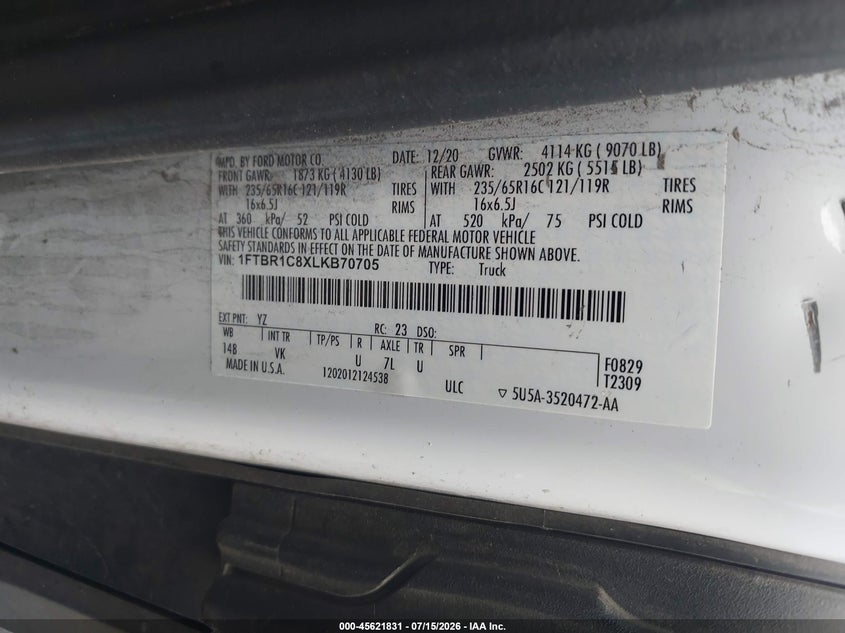 2020 Ford Transit-250 VIN 1FTBR1C8XLKB70705 IAAI salvage auction — REAR END, Clear (Texas), sold $7,150 on 2026-08-19 (photo 9)