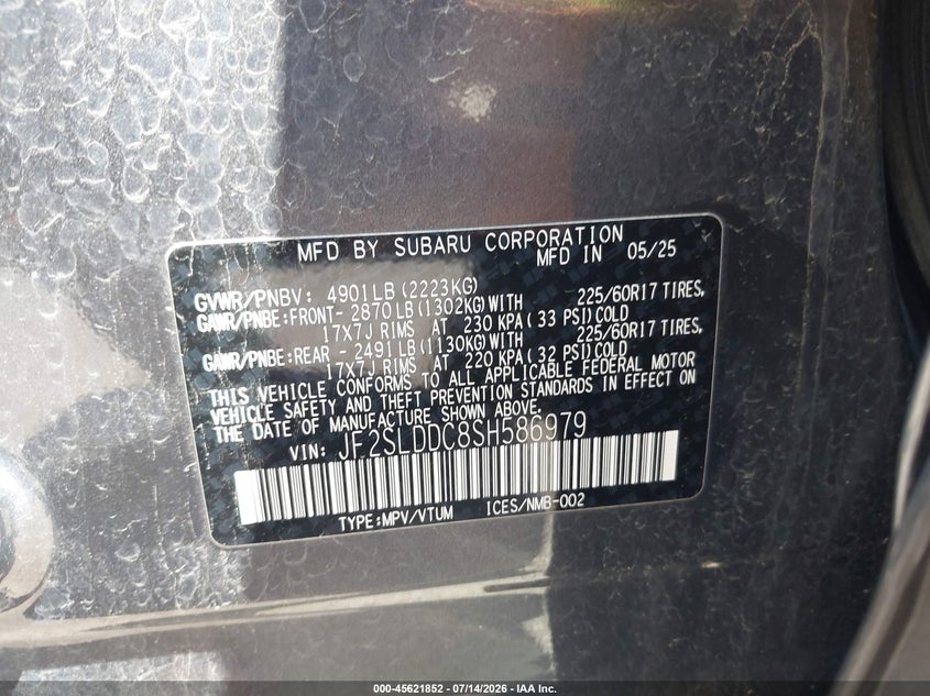 2025 Subaru Forester VIN JF2SLDDC8SH586979 IAAI salvage auction — ROLLOVER, Clear (Minnesota), sold $2,850 on 2026-07-29 (photo 9)