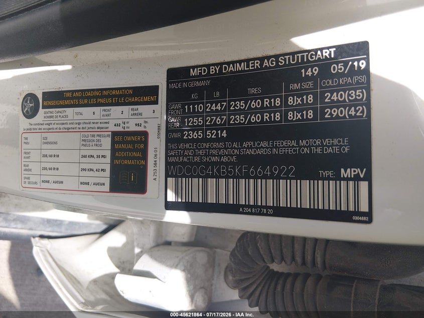 2019 Mercedes-benz Glc VIN WDC0G4KB5KF664922 IAAI salvage auction — SIDE, Original (Texas), sold $7,800 on 2026-08-19 (photo 9)