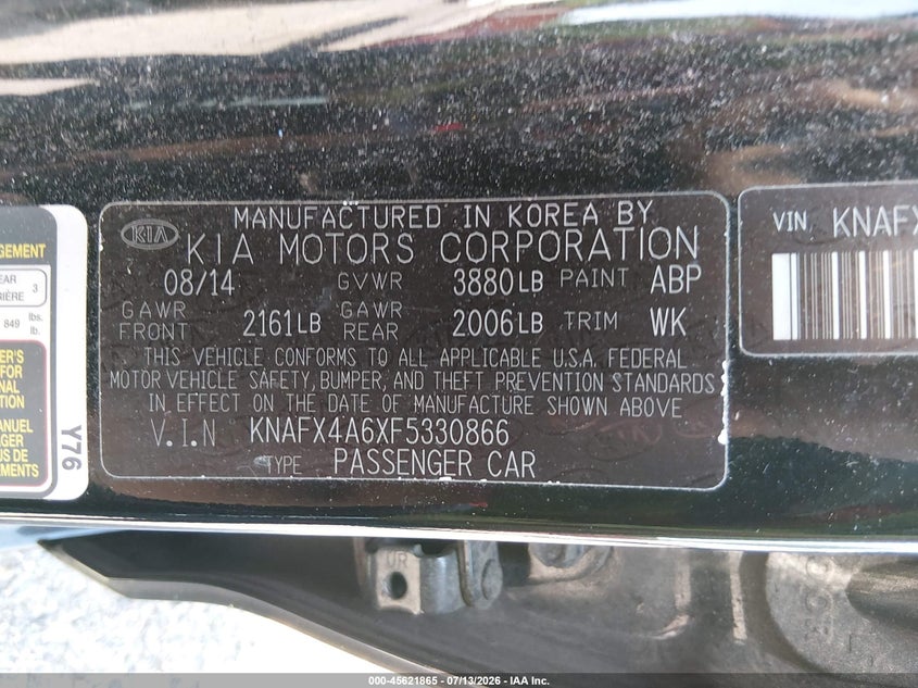 2015 Kia Forte VIN KNAFX4A6XF5330866 IAAI salvage auction — NORMAL WEAR, Clear (Maryland), sold $600 on 2026-07-30 (photo 9)