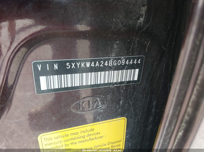 2011 Kia Sorento VIN 5XYKW4A24BG094444 IAAI salvage auction — NORMAL WEAR, Clear (Missouri), sold $25 on 2026-07-30 (photo 9)