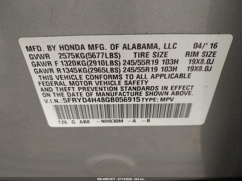 2016 Acura Mdx VIN 5FRYD4H48GB056915 IAAI salvage auction — Unknown, Wait Title, sold $1,100 on 2026-09-05 (photo 9)